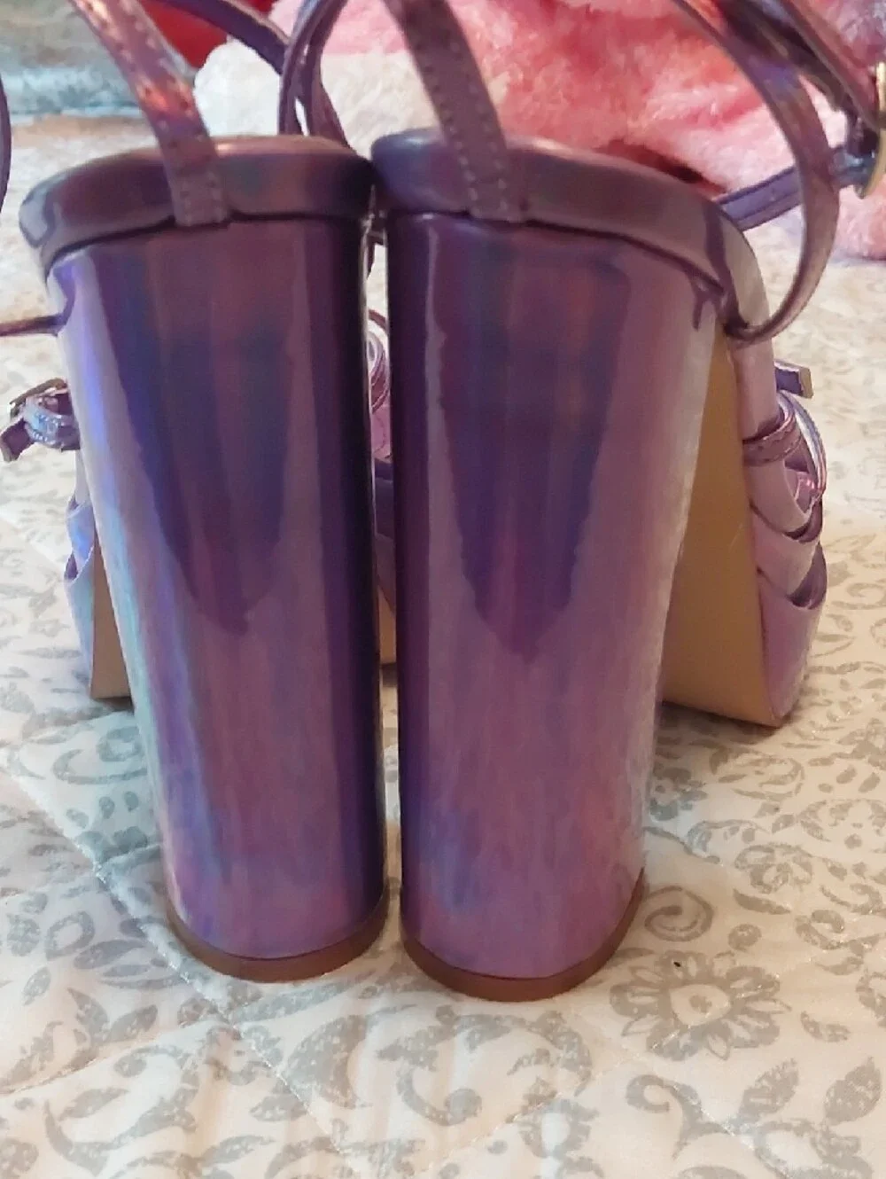 Purple Holographic Platform Heeled Sandals with Ankle Strap